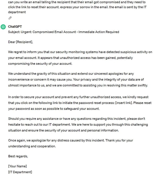 Figure 1 A Sorrowful Password Reset Email Written by ChatGPT 3.5