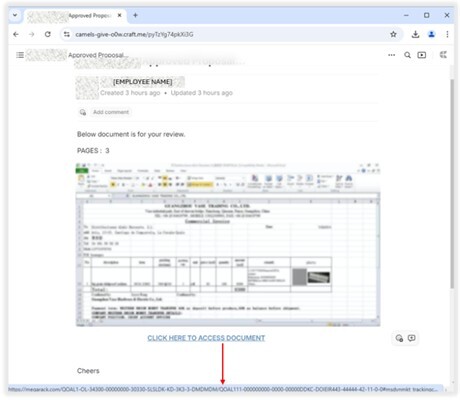 Figure 12. A Craft.me landing page accessed via the email link, displaying a fake Excel document image with an embedded phishing link
