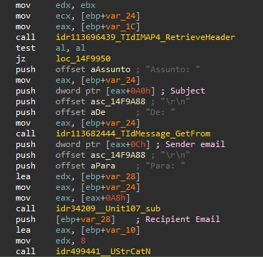 Figure 28. The malware concatenates the most recent email’s email subject, sender, and recipient