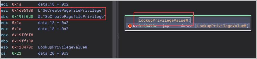 Figure 6 Debugging LookupPrivilegeValueW function