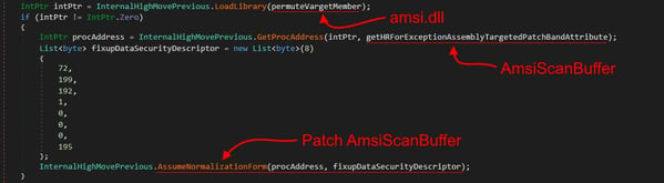 Figure 7. AMSIScanBuffer bypass via memory patching.