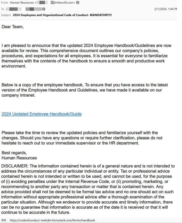 Figure 9 HR-Themed Phishing Email